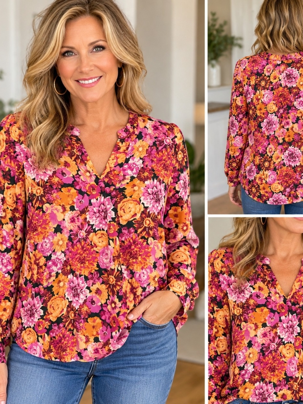 Vibrant Floral Split-Neck Blouse - Pink & Orange